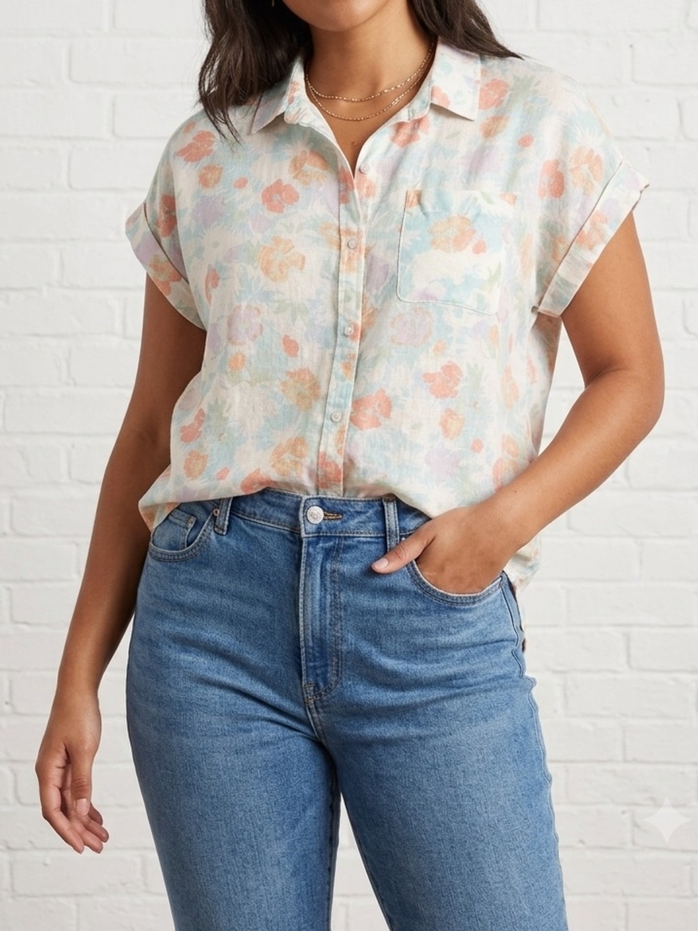 True Craft Linen Blend Floral Button Down Camp Shirt Medium Pastel Coastal